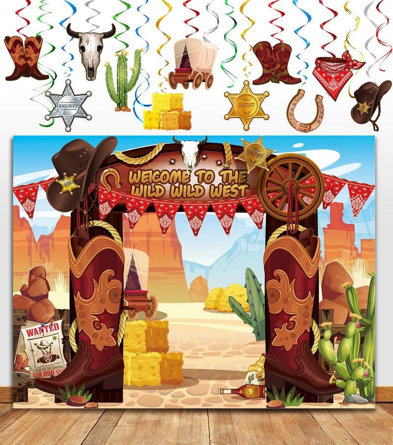 TMCCE 22 PCS Western Cowboy Party Decoration - Wild West Photography Backdrop and Theme Hanging Swirls Foil Swirls - Image 1